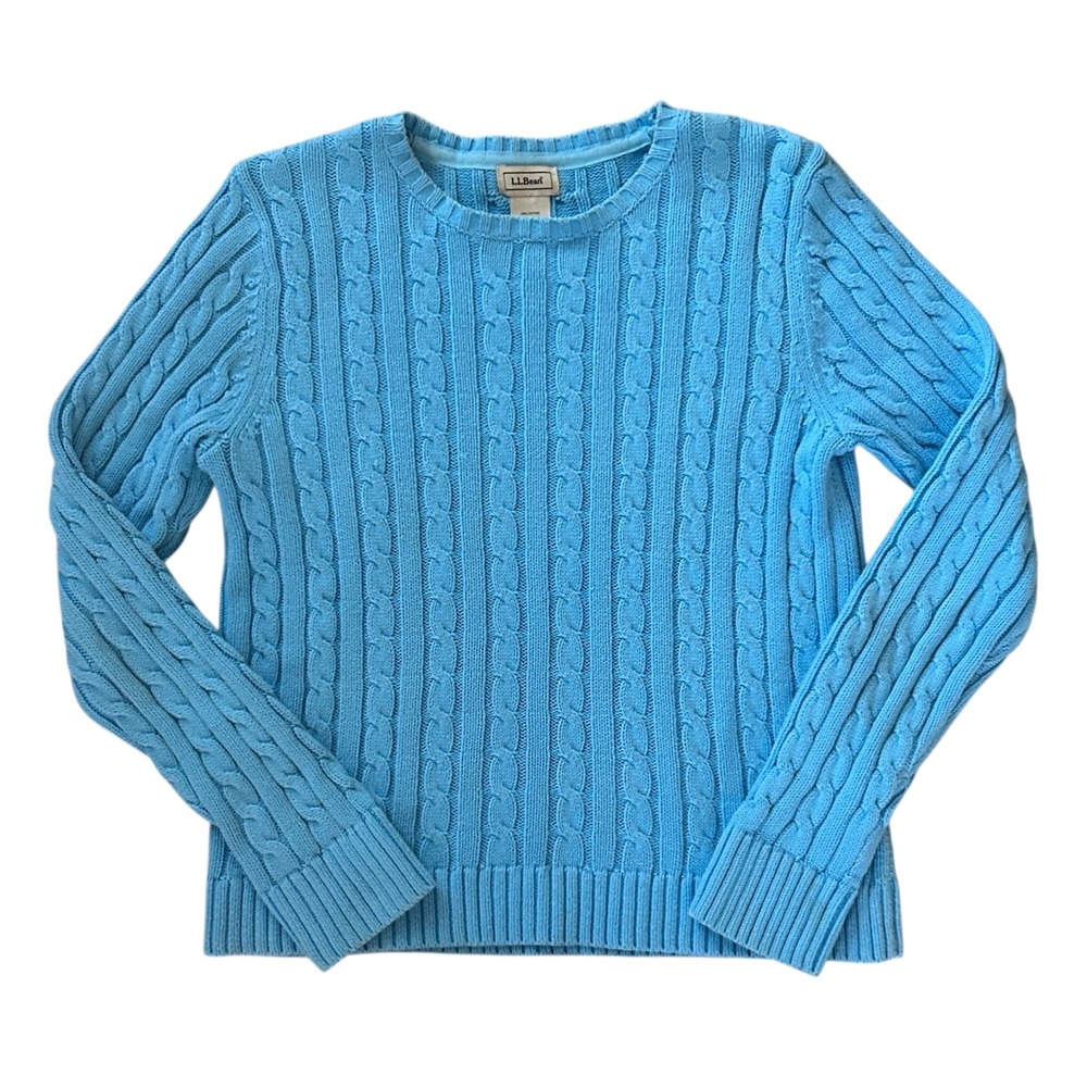 LL Bean Womens XS Blue Cotton Cable Knit Fisherman Sweater Coastal Grandma